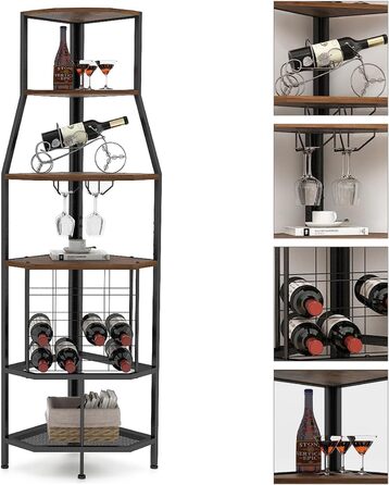 VEDECASA Corner Wine Rack Freestanding 5-Tier Corner Bar Shelf with Glass Holder and Wine Storage Industrial Wine Rack Wine Bar Cabinet for Kitchen Bar Cellar Dining Room vintage brown-black