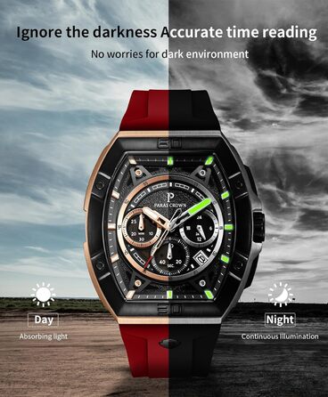 Чоловічий годинник-хронограф на кварцовому механізмі з японським годинниковим механізмом, 5ATM, корпус з нержавіючої сталі, тонка форма корпусу (Tonneau), силіконовий ремінець (рожево-червоний)