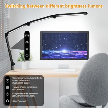 LED лампа для столу AILBTON з кліпсою, гнучка 4-секційна з 3 джерелами світла, 4 колірні температури та 5 рівнів яскравості, захист очей для дому та офісу