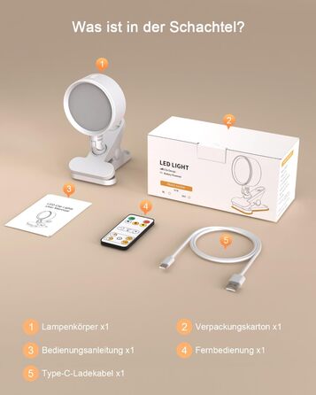 Нічник на ліжко акумуляторний бездротовий з USB-C, 5000mAh, з кліпсою, димуючий, з пультом, LED, 360° поворотний, для спальні, кемпінгу (білий)