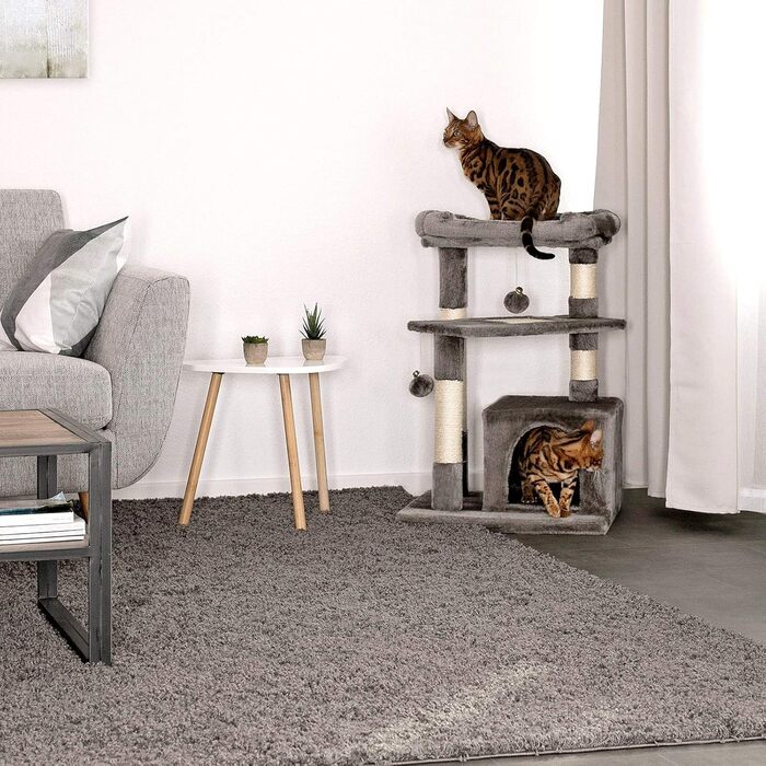 Дряпка для котів Lionto з лежаком та гrottoю, 75 см, з сизалевого мотузка та м'якого плюшу, 2 іграшки з дзвіночками, підходить для кошенят та дорослих котів (темно-сірий)