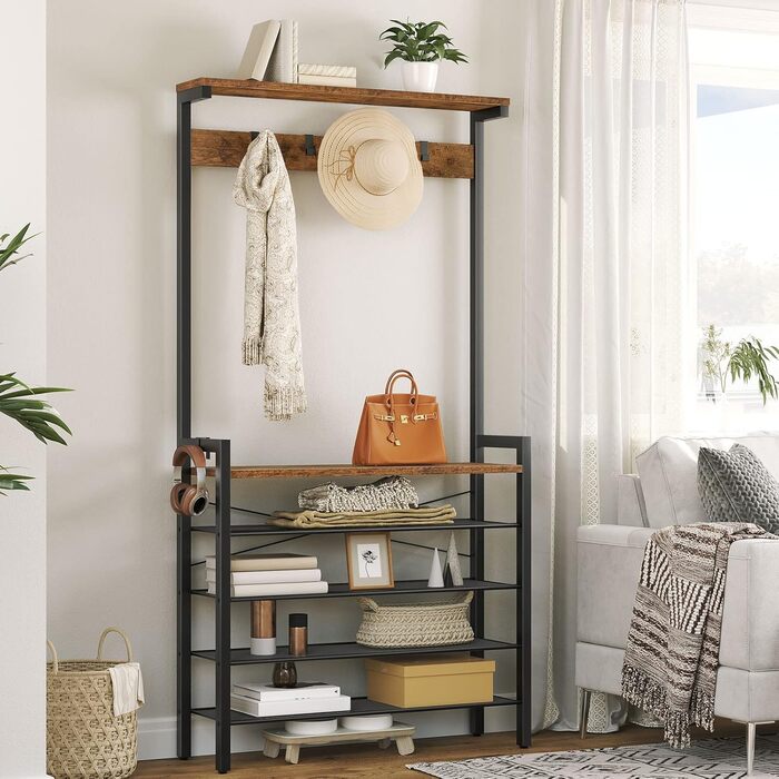 HOOBRO Coat Rack, 5-Tier Shoe Shelf, Wardrobe, Clothes Rack with 5 Removable Hooks, Top Shelf, Entryway, Living Room, Vintage Brown-Black EBF74MT01