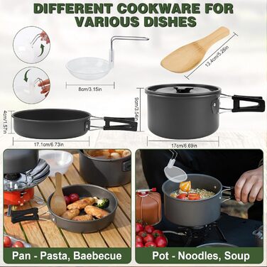 Набір кухонного посуду для кемпінгу: 15 предметів, чорний. Ідеально для пікніків, походів та кемпінгу. Включає казанок, сковорідку, чайник та інше.