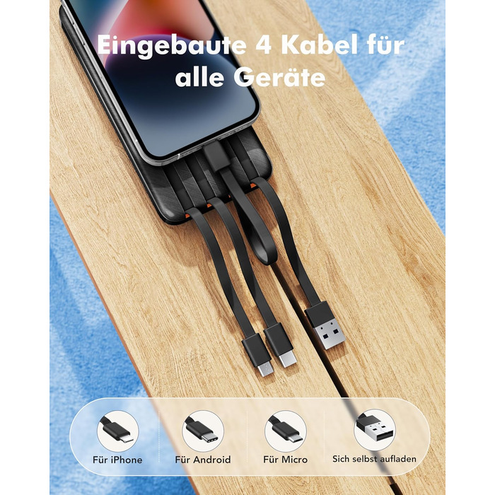 Power Bank Charmast 20000mAh з LED-дисплеєм та 4 кабелями (USB C, PD3.0, QC4.0) – чорний