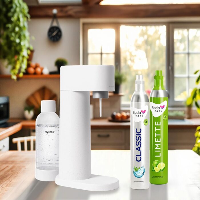 SodaTASTE Mysoda Woody – карбонізатор води з екологічного деревного композиту, 1л BPA-free пляшка, 2 x CO2 циліндри (класичний + лайм), білий