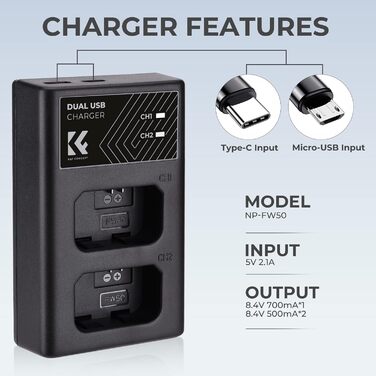 Акумулятор NP-FW50 K&F Concept з зарядним пристроєм, 1100mAh, 2 шт. для Sony ZV-E10, A6000, A6300, A6400, A7, A7II, A7RII, A7S, A7S2, A7R, A7R2, A55, A5100, A5000, A3000, RX10