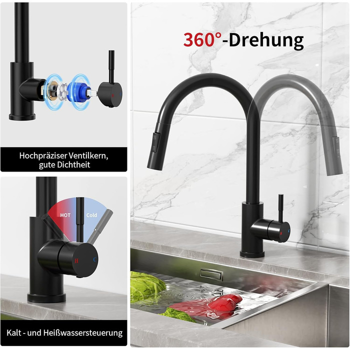 Чорний кухонний змішувач Rainsworth з висувною лійкою та душем, високий (56 см), з двома типами струменя, 360° оберт, з нержавіючої сталі, проста установка
