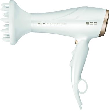 Фен ECG Vv 2200: 2 режими потужності, 3 температурні режими, іонізація, LED-дисплей, захист від перегріву, білий та золотий