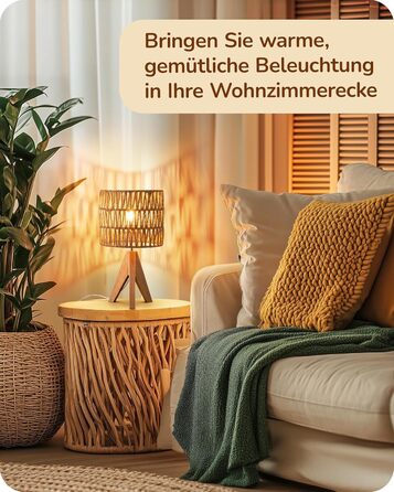 LED настільна лампа EDISHINE з абажуром з ручної роботи, дерев'яною ніжкою, тепле світло 2700K, бохо-стиль, для спальні, вітальні, готелю, з лампочкою E27 4W