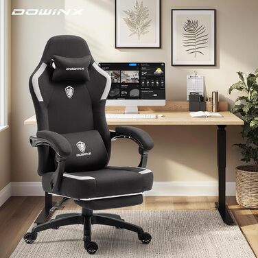 Ігровий крісло Dowinx з тканиною та пружинним сидінням, масажний ігровий крісло з підніжкою, ергономічне, для ПК, геймінгу, офісу, чорний, 150 кг