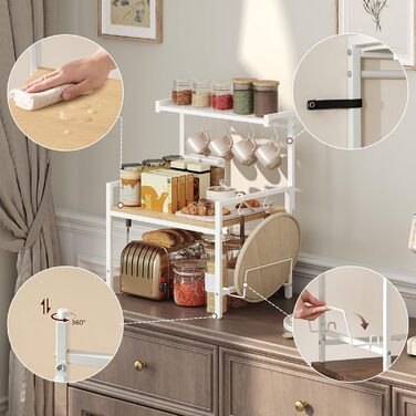 Поличка для мікрохвильової печі, кухонна поличка, 2 яруси, з підставкою для обробної дошки, органайзер з 8 гачками, коричнева, ABRBN5301