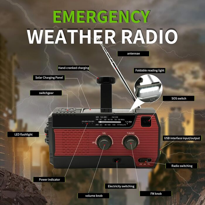 Радіо на сонячній енергії Notfall-Solar Radio з ручним курантом, LED-ліхтарик, SOS-сигнал, AM/FM, акумулятор 4000mAh, зарядка смартфона (червоний)