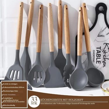 Набір кухонного приладдя Umite Chef (33 шт.) - силіконові лопатки, дерев'яна ручка, антипригарне покриття, сірий