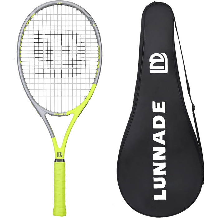 LUNNADE Adult Tennis Racket - 27 Inch Durable & Lightweight, Pre-strung & Regrip, Beginner to Advanced - Grey Head