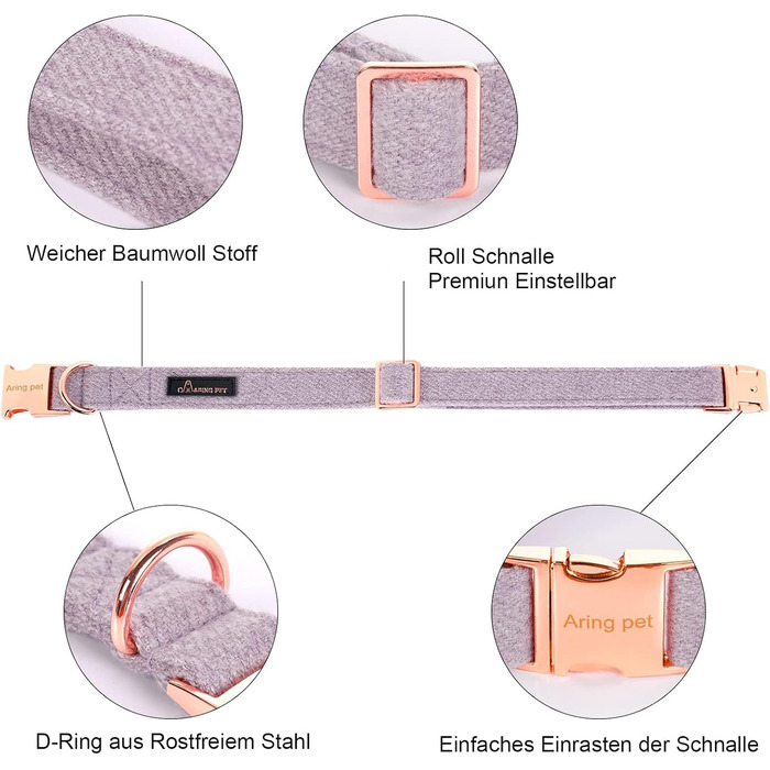 Нашийник для собак Aring Pet з бавовни лавандового кольору з бантом, регульований з металевою застібкою, для малих, середніх та великих собак