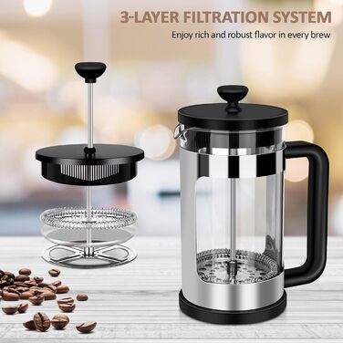 Френч-прес RAINBEAN 600мл: кавоварка з нержавіючої сталі, 3 фільтри, термостійке скло Borosilikat, для кави та чаю