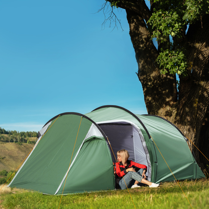 Outsunny Tunnel Tent for 2-3 People, 190T Camping Tent with Stakes, Fiberglass & Polyester, Dark Green, 426x206x154cm for Outdoor Adventures