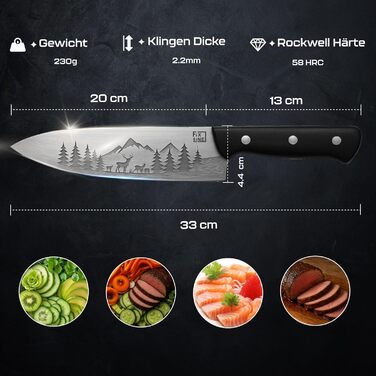 Ніж кухарський FIXLINE® Chefmesser 20 см BLACK FOREST Edition – професійний ніж для кухні, нержавіюча сталь, чорна дерев'яна ручка, подарункова упаковка