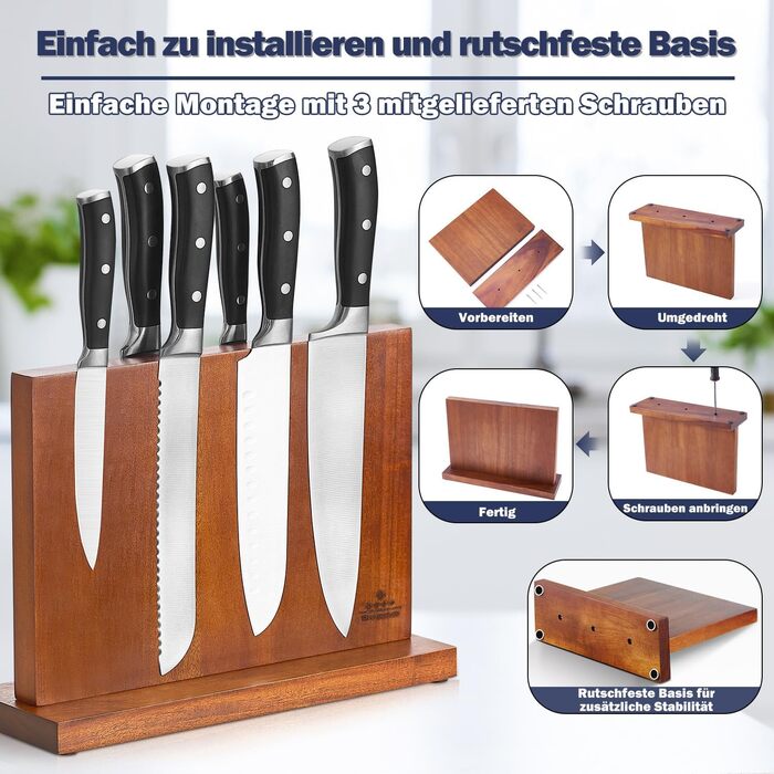 ENOKING Knife Block without Knives, Magnetic, Universal Magnetic Knife Holder, Natural Acacia Wood Knife Holder with Strong Magnets for Cutlery Display and Storage.