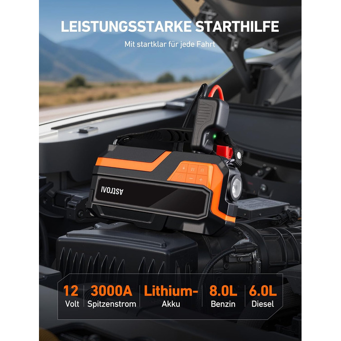 AstroAI MF16 6000A Powerbank для старту авто з компресором 150 PSI, 6000A, 12V, для бензинових/дизельних авто, мотоциклів, SUV, з LED-дисплеєм, помаранчевий