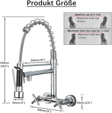 Кухонний змішувач з поворотним виливом 360°, з двома виходами, високий вигин, спіральна пружина, для мийки, брашований нікель (хром)