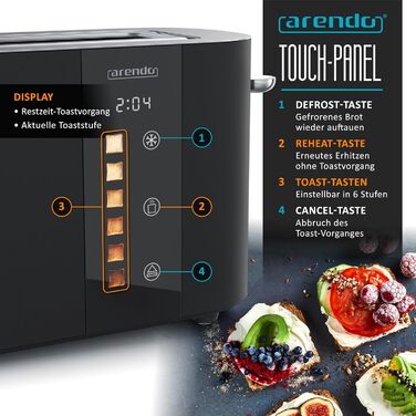 Тостер Arendo з нержавіючої сталі, 2 відділення, довгий проріз, сенсорний дисплей, подвійні стінки, підставка для булочок, 6 рівнів підсмажування, центрування хліба, індикатор часу, функція пам'яті, чорний колір A: Нічний чорний