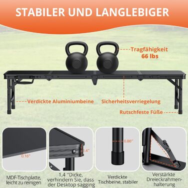 Складний кемпінговий стіл FUNYKICH 116x40x26 см, алюмінієвий, з MDF стільницею, чорний - для пікніка, пляжу, балкону