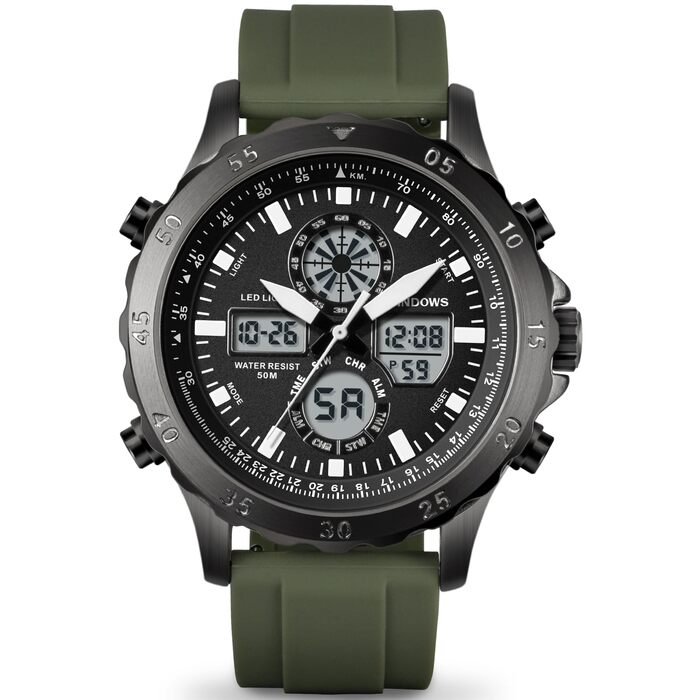 Годинники PINDOWS для чоловіків: водонепроникні спортивні годинники (аналогові/цифрові), багатофункціональні, з LED-підсвічуванням, будильником, секундоміром (зелено-чорні)