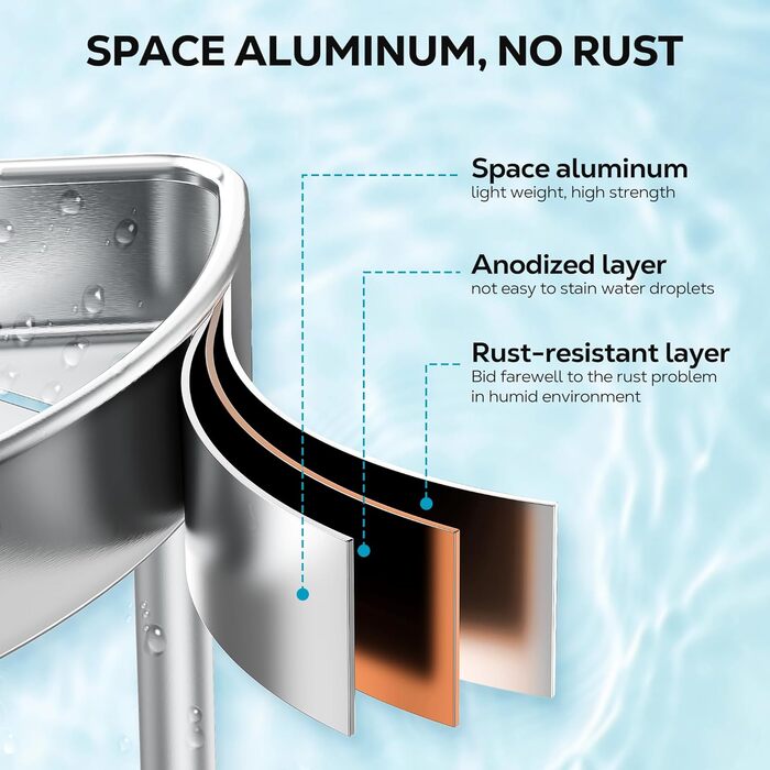 Поличка для душу Nieifi без свердління, кутова, нержавіюча сталь, 4 яруси, чорна, для ванної кімнати та душу