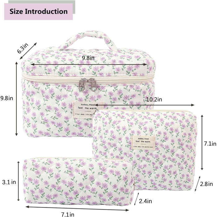 Набір косметичок для подорожей для жінок, 3 шт. з бавовни, великі культки з квітковим принтом для косметики та аксесуарів (фіолетовий павіан)