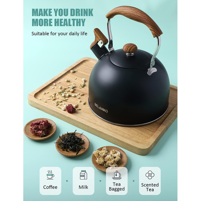Чайник BELANKO з свистком, 2,5 л, нержавіюча сталь, з дерев'ястим малюнком, складаний ручка, для чаю, кави, молока – блакитний (чорний)