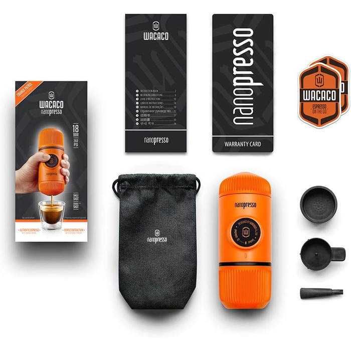 WACACO Nanopresso Portable Espresso Machine, Upgrade Version of Minipresso, 18 Bar Pressure, Small Travel Coffee Machine, Without Protective Case, Manual Operation, for Camping and Hiking, Orange