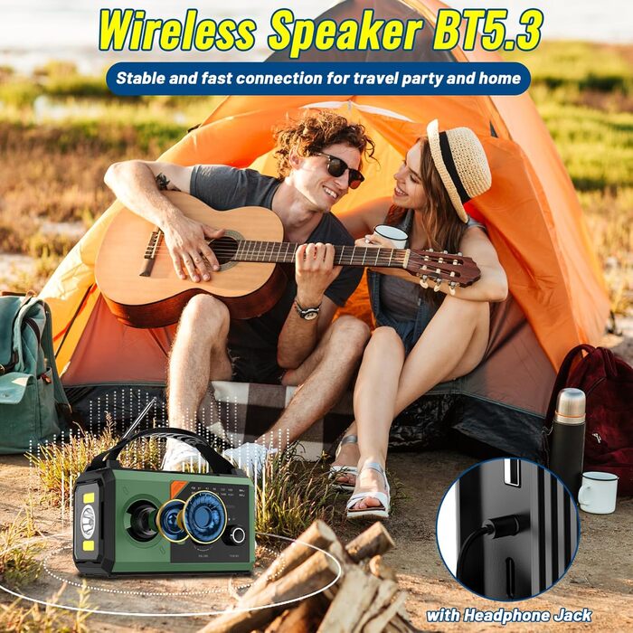 Портативне радіо Bluetooth з підзарядкою телефону, сонячне, AM/FM. 8 в 1: Powerbank, SOS, ліхтарик, компас, читальна лампа, роз'єм для навушників. Трав'яно-зелене