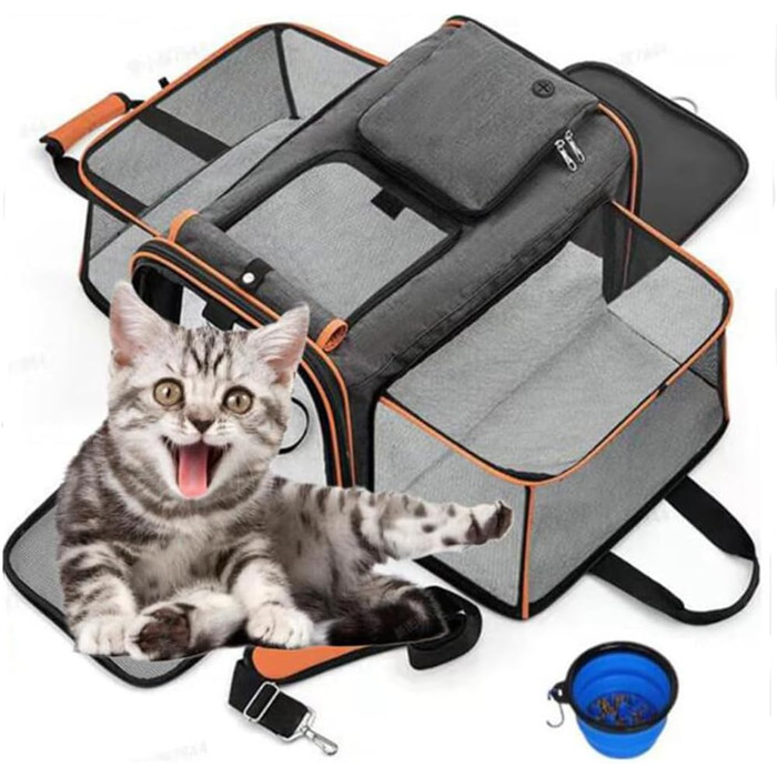 Транспортна сумка для котів та собак, розширювана, переноска для тварин, 48x30x31 см (сіра з помаранчевим)