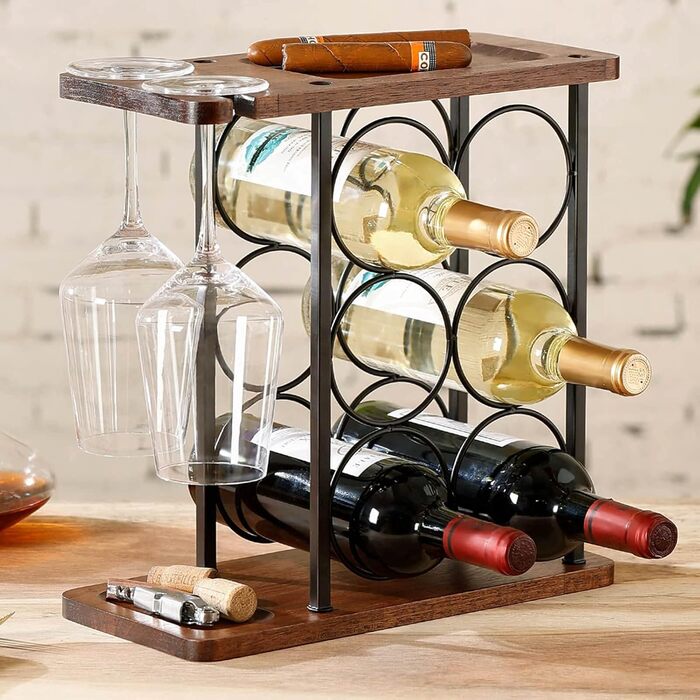 Wine rack with glass holders, tabletop wine holder with tray, freestanding wooden wine rack, perfect for home decor & kitchen storage rack, etc. (holds 6 bottles and 2 glasses)