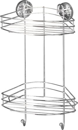 WENKO Vacuum-Loc Corner Shelf 2 Tiers Chrome, Shower Shelf with 2 Levels and 2 Hooks, Drill-Free Attachment with Vacuum, Chrome-Plated Metal, 24.5 x 41 x 16 cm
