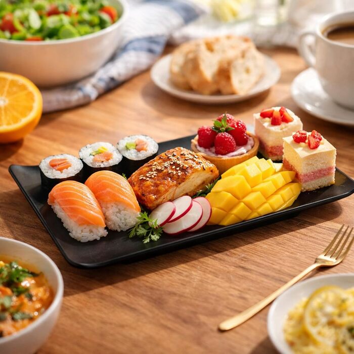 Teller Rechteckig: Сервірна тарілка прямокутна, чорна, для закусок, десертів, суші, салатів, фруктів, антипасті (9615-4)