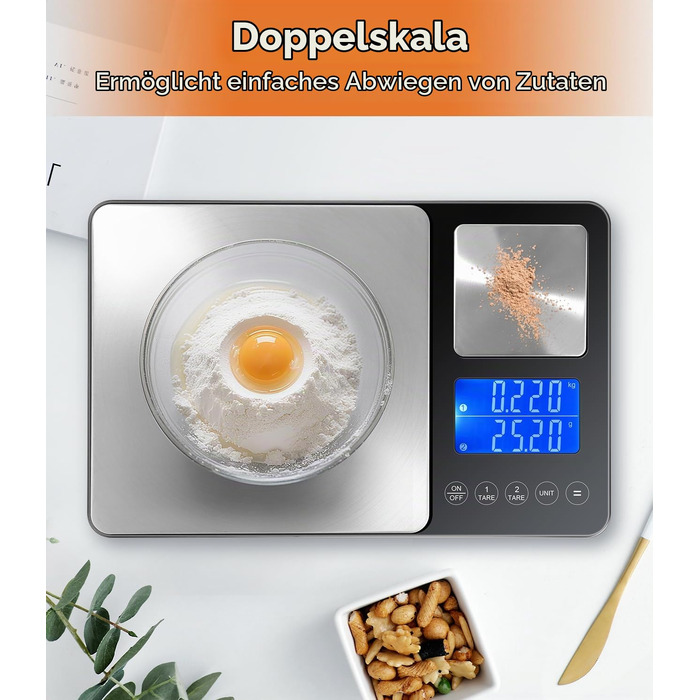 Цифрові кухонні ваги з подвійною платформою Doppelplattform (10кг/1г та 500г/0.01г), нержавіюча сталь, USB-зарядка, функція тари, LCD-дисплей