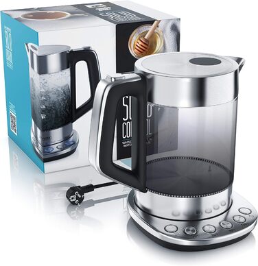 Електричний чайник Arendo з регулюванням температури, 1.5 л, скло, нержавіюча сталь, підтримання тепла 30 хв, Borosilikatglas, сучасний дизайн