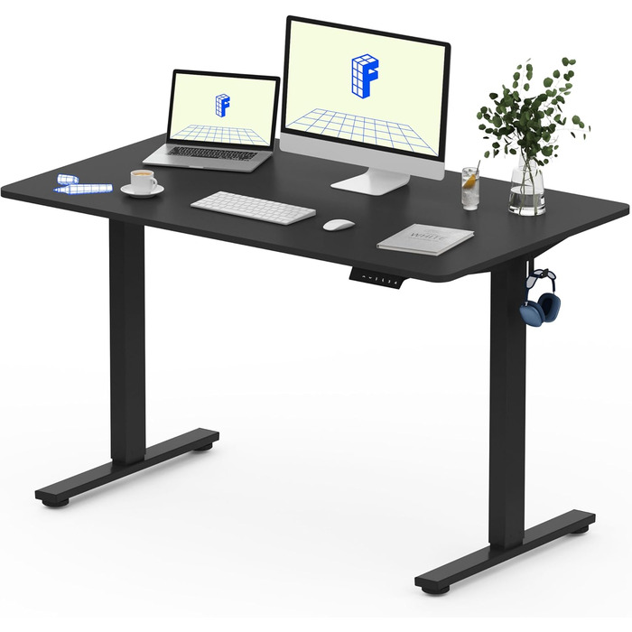 Регульований за висотою стіл FlexiSpot Basic – з органайзером для кабелів, гачками та суцільною стільницею, ергономічний стіл для дому та офісу, 120x60 см, чорний