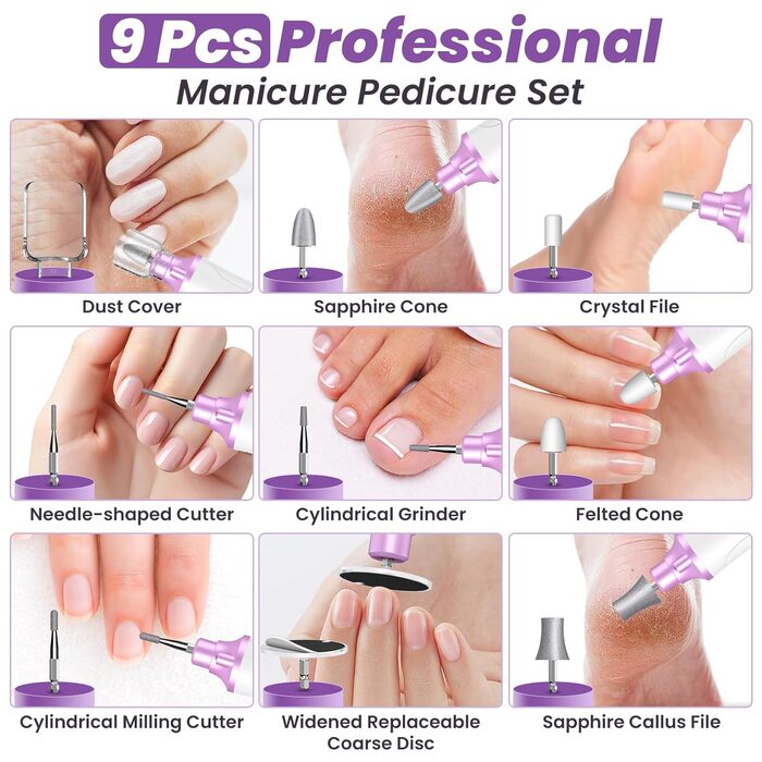 Електричний набір для манікюру та педикюру з 9 насадками та 15 швидкостями, LED-підсвічуванням, W-Lila