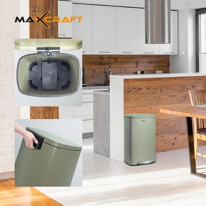 Сталевий відро для сміття з педальним механізмом, 50 літрів, з внутрішнім відром з пластику, м'яке закриття, зелений колір, для кухні, ванної кімнати або офісу