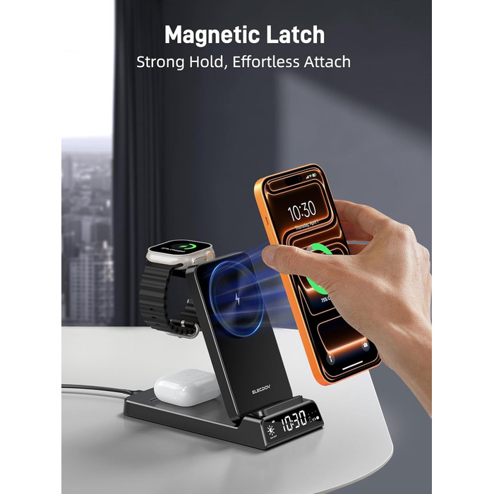 MagSafe Зарядний пристрій 3-в-1 для Apple Watch та iPhone (17 Pro Max/16/15), Бездротовий зарядний пристрій для Apple Watch (10-4) та AirPods, 25W, Чорний