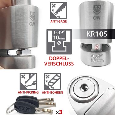 Мотозамок сигналізація KRASER KR10S, 120дБ, подвійний захист, диск-кліп, нержавіюча сталь, Ø10мм, протиугінний замок для мотоцикла, скутера, велосипеда