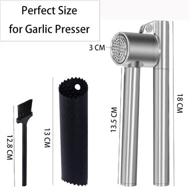 Прес для часнику з нержавіючої сталі, кухонний аксесуар, 18 см, подрібнювач часнику з очищувачем та щіткою, придатний для миття в посудомийній машині, срібний