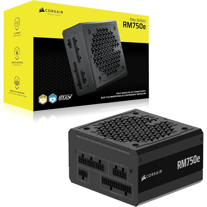 Блок живлення Corsair RM750e (2025) 750W, повністю модульний, ATX 3.1, PCIe 5.1, 12V-2x6, Cybenetics Gold, низький рівень шуму, чорний