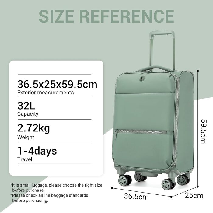 Чемодан Miss Lulu Handgepäck, 59.5 x 36.5 x 25 см, зелений, 32 л, з відділенням для мокрого одягу, на 4 колесах, для подорожей та бізнесу