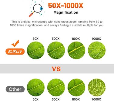 Цифровий мікроскоп Elikliv з LCD-дисплеєм для монет, 1000x, з 8 регульованими LED-підсвіткою, сумісний з PC (Windows/MacBook), EDM4, 4.3 дюйми