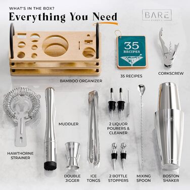 Bare Barrel® Cocktail Shaker Set - 14 Piece Mixology Bar Set with Boston Shaker, Martini Accessories, & Recipe Cards - Perfect Home Bar Gift Set