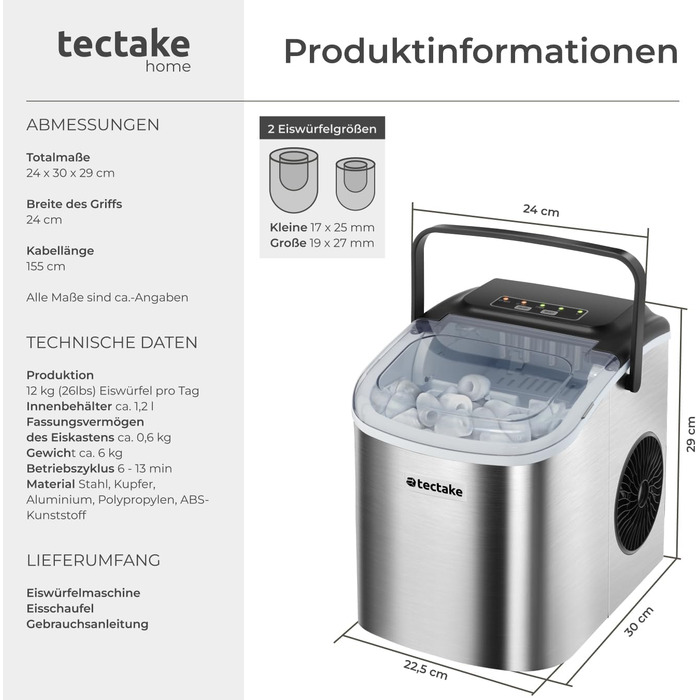 Машина для приготування льоду tectake® - приготування 9 кубиків за 6 хвилин, 12 кг за 24 години, об'єм 1,2 л, 2 розміри кубиків, самоочищення, з лопаткою для льоду, срібна